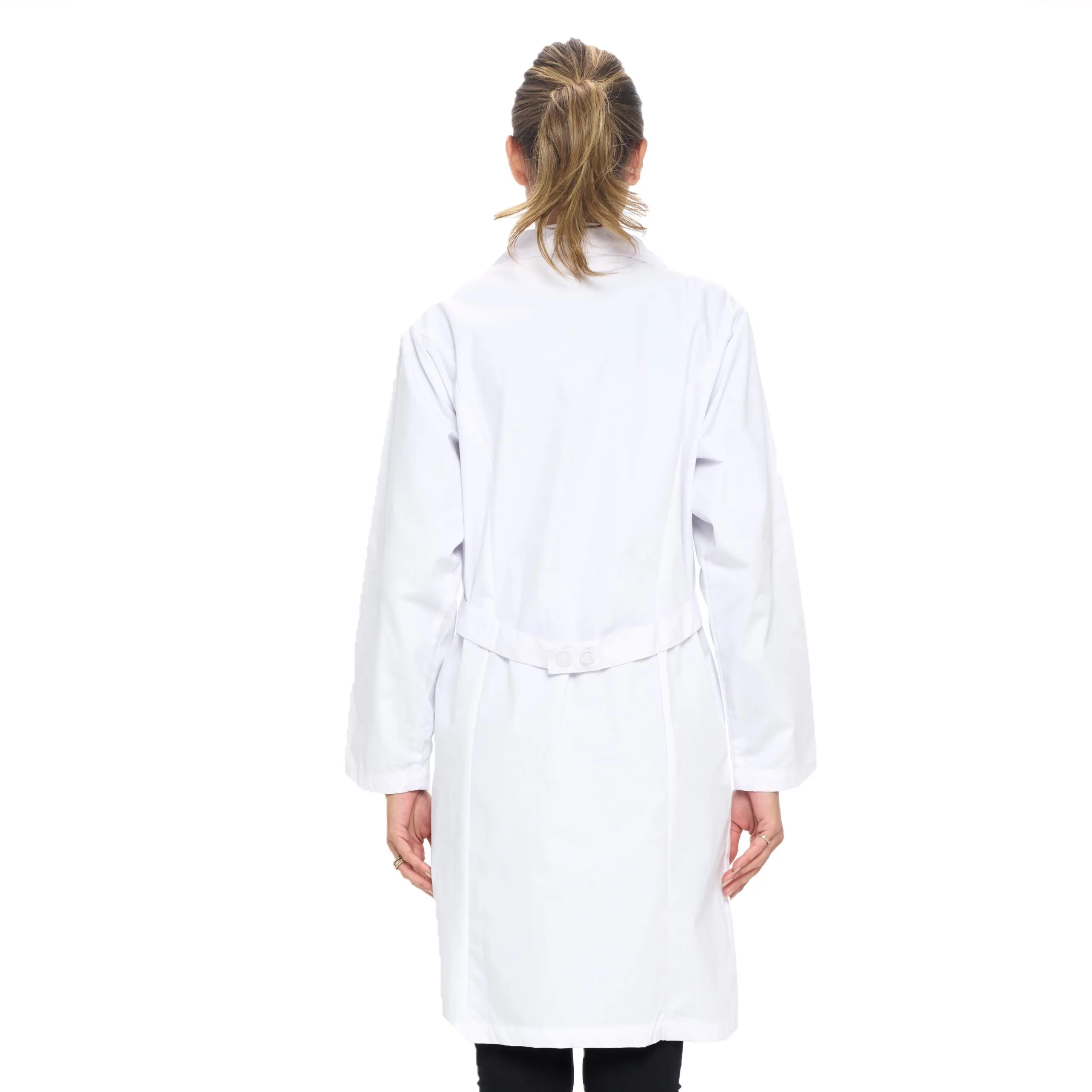 Wholesale women's white lab coat with long sleeves and belted waist, rear view