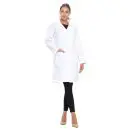 Wholesale women's white lab coat with long sleeves, collar, and front pockets worn over black leggings and beige heels