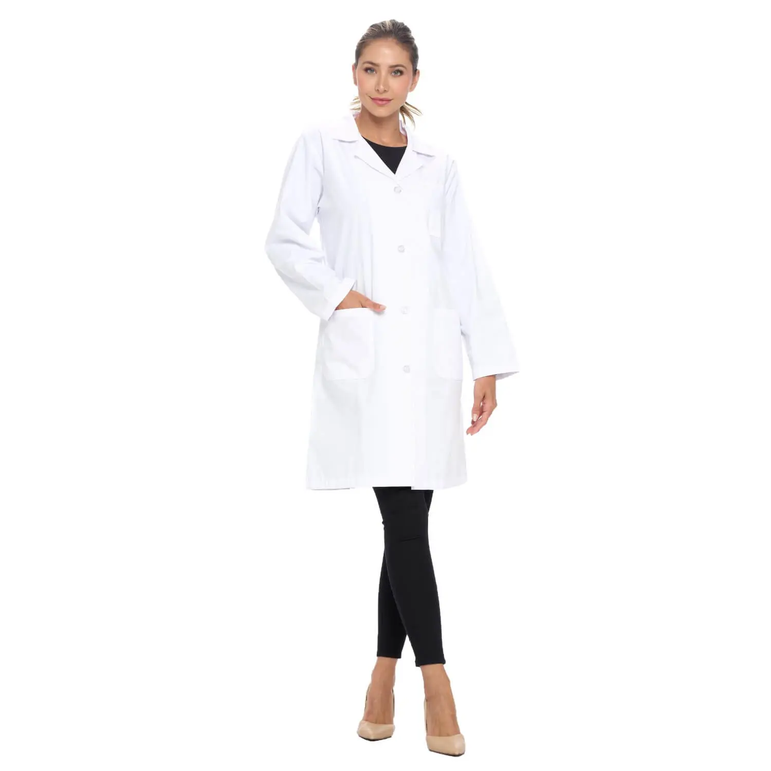 Wholesale women's white lab coat with long sleeves, collar, and front pockets worn over black leggings and beige heels