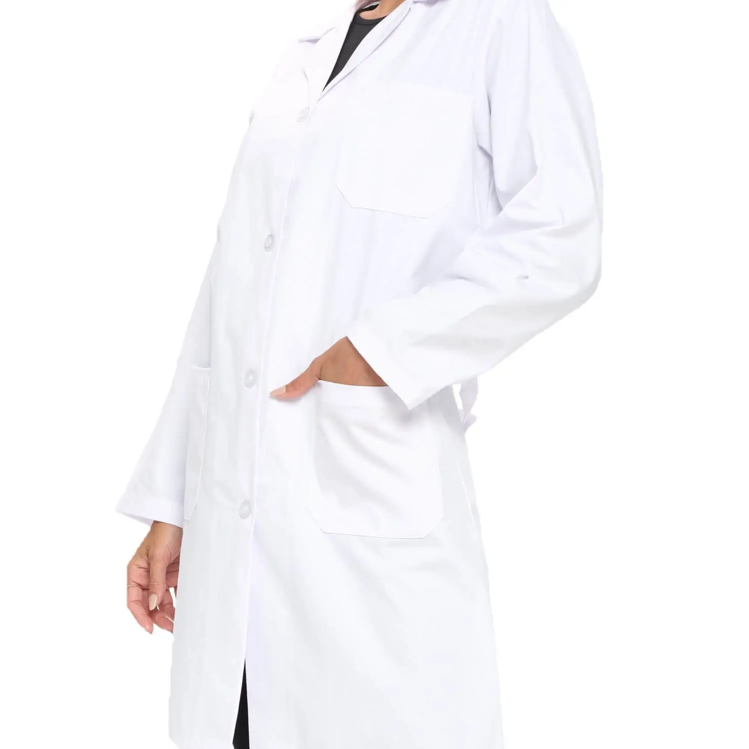 Wholesale women's white lab coat with long sleeves, button front, and chest pockets