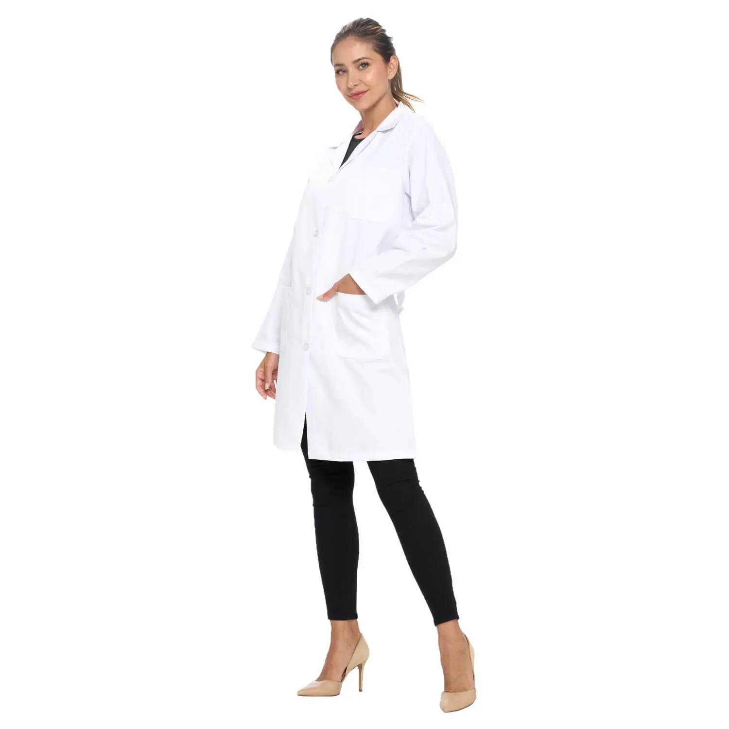 Wholesale women's white lab coat with long sleeves and black leggings
