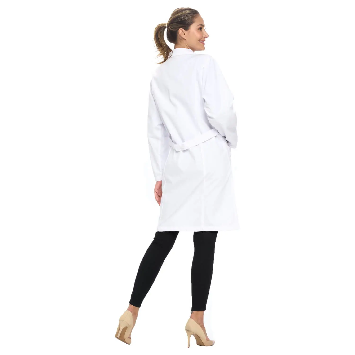 Wholesale women's white lab coat with long sleeves paired with black leggings and beige heels