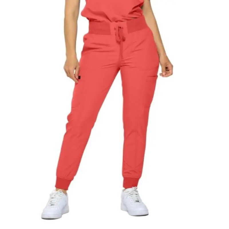 Wholesale women's red jogger pants with drawstring waist and white sneakers