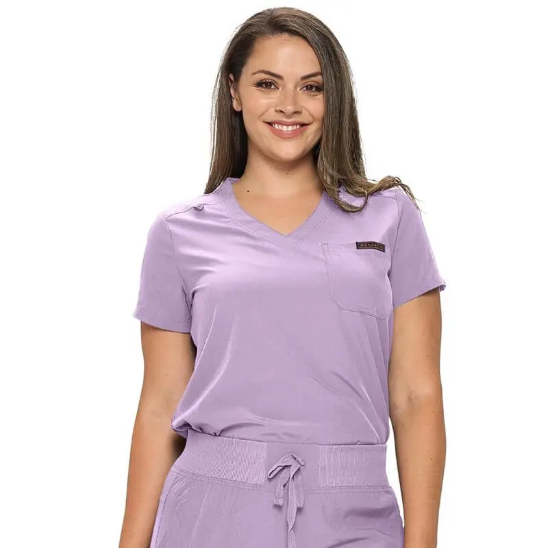 Wholesale women's lavender v-neck scrub top with short sleeves and chest pocket
