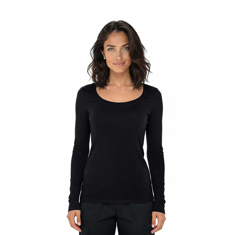 Wholesale women's black long sleeve scoop neck t-shirt