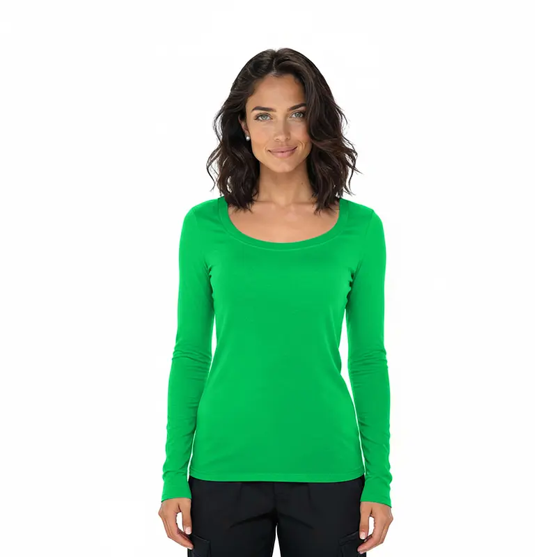 Wholesale women's long sleeve green scoop neck t-shirt