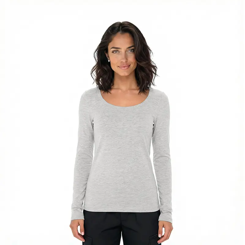 Wholesale women's long sleeve scoop neck t-shirt in light gray heather