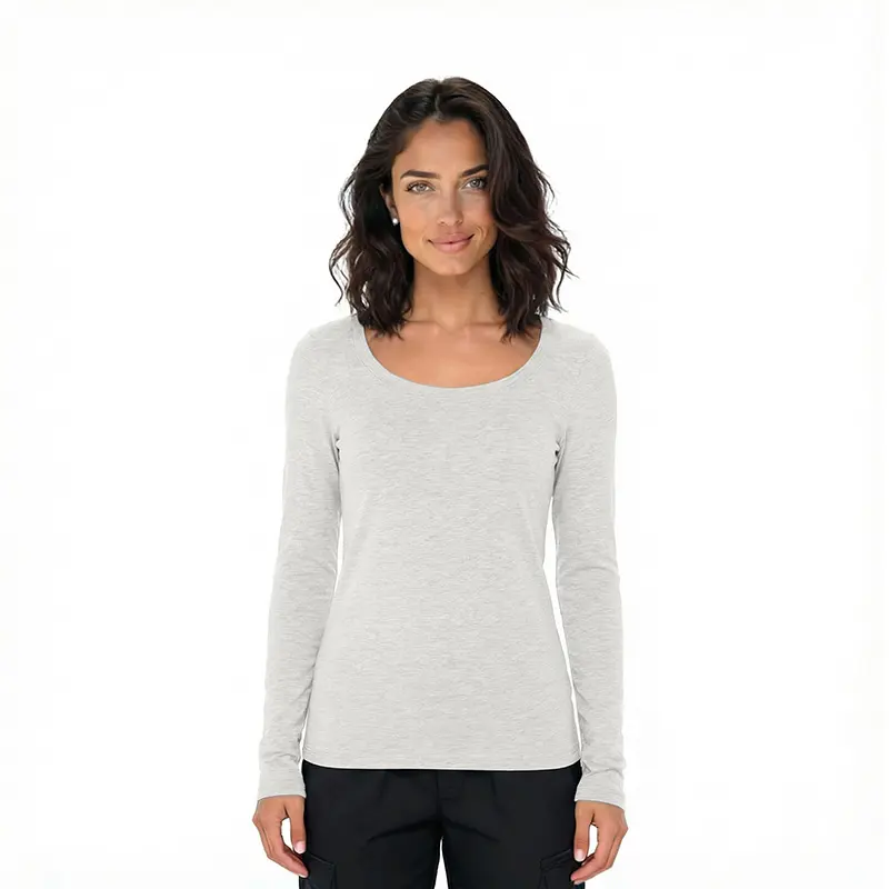 Wholesale women's long sleeve scoop neck t-shirt in light gray heather