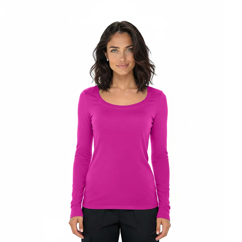 Wholesale women's long-sleeve scoop neck t-shirt in magenta
