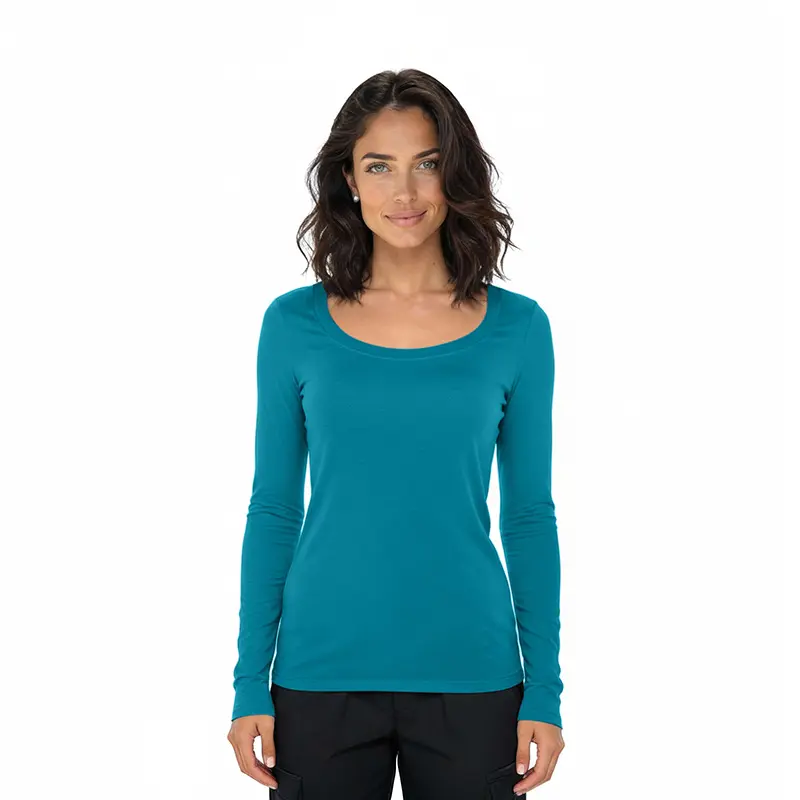 Wholesale women's teal long-sleeve scoop neck t-shirt