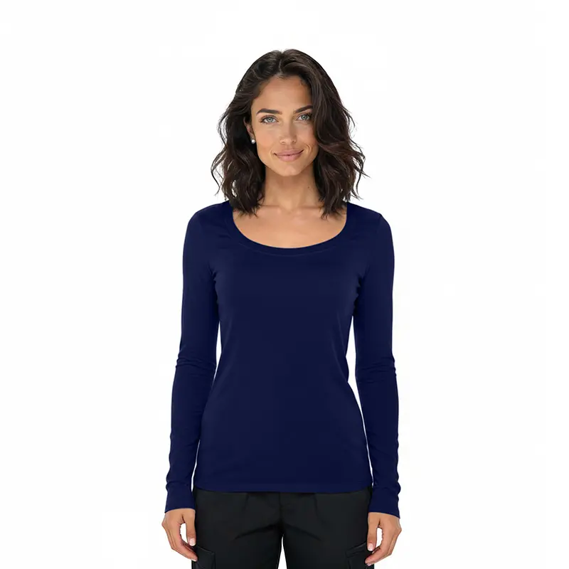 Wholesale women's navy blue long-sleeve scoop neck t-shirt
