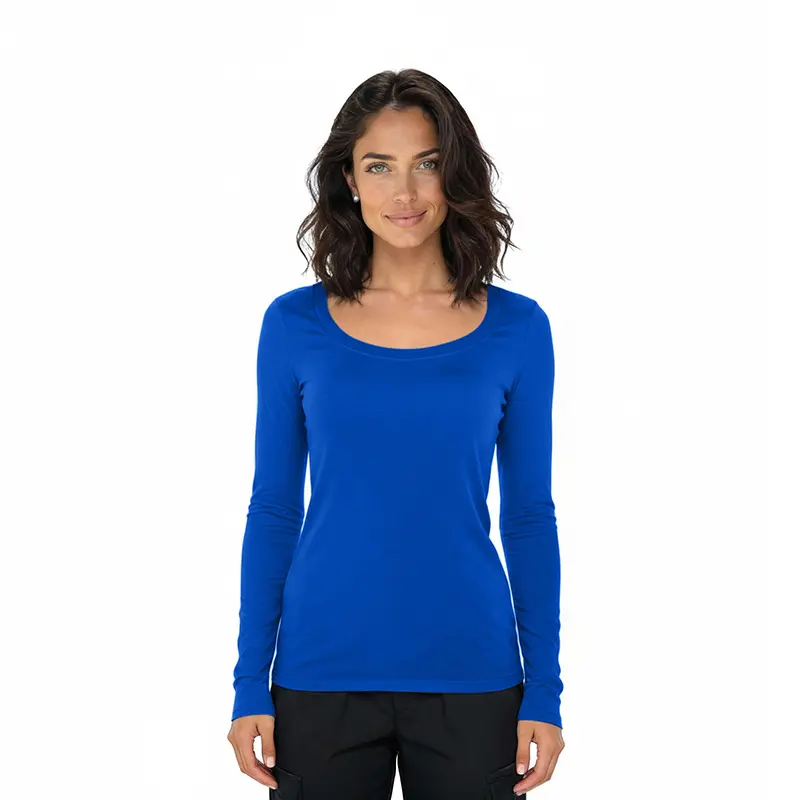 Wholesale women's blue long sleeve scoop neck t-shirt