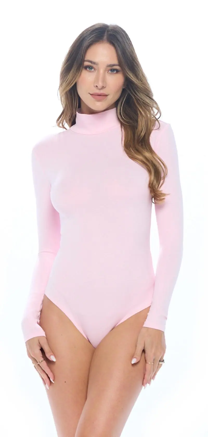 Wholesale women's pink long-sleeve turtleneck bodysuit