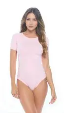 Wholesale women's pink short-sleeve bodysuit with crew neckline
