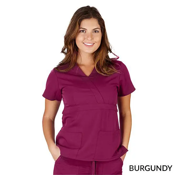 Wholesale burgundy women's short-sleeve scrub top with v-neckline and front pockets