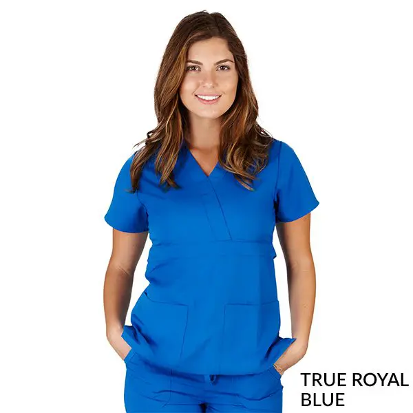Wholesale women's true royal blue short-sleeve scrub top with v-neck and multiple pockets