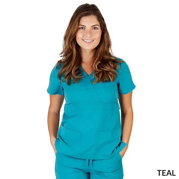 Wholesale women's teal scrub top with v-neck and short sleeves
