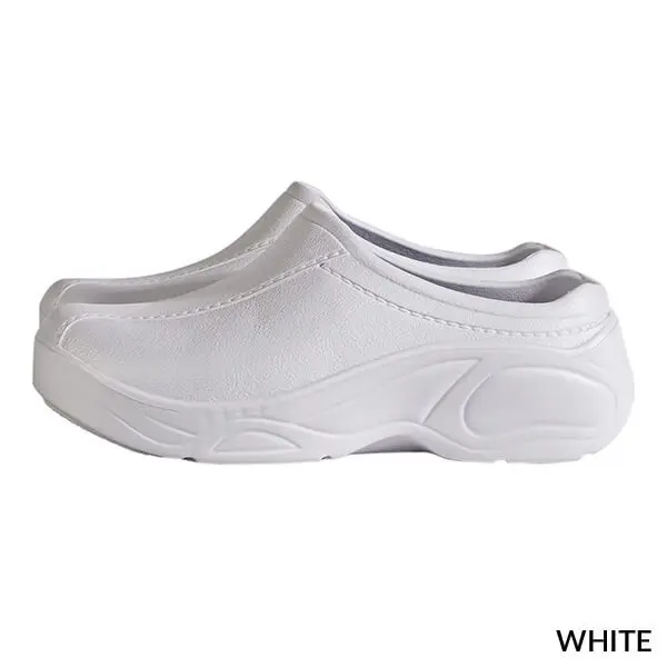 Wholesale white slip-on clog mule with cushioned sole and rounded toe design