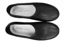Wholesale natural uniforms black leather slip-on loafers with cushioned insoles, top and bottom view