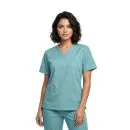 Wholesale women's teal v-neck scrub top with short sleeves and front pockets