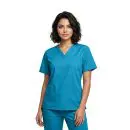 Wholesale women's scrub top in teal blue with v-neckline and chest pockets