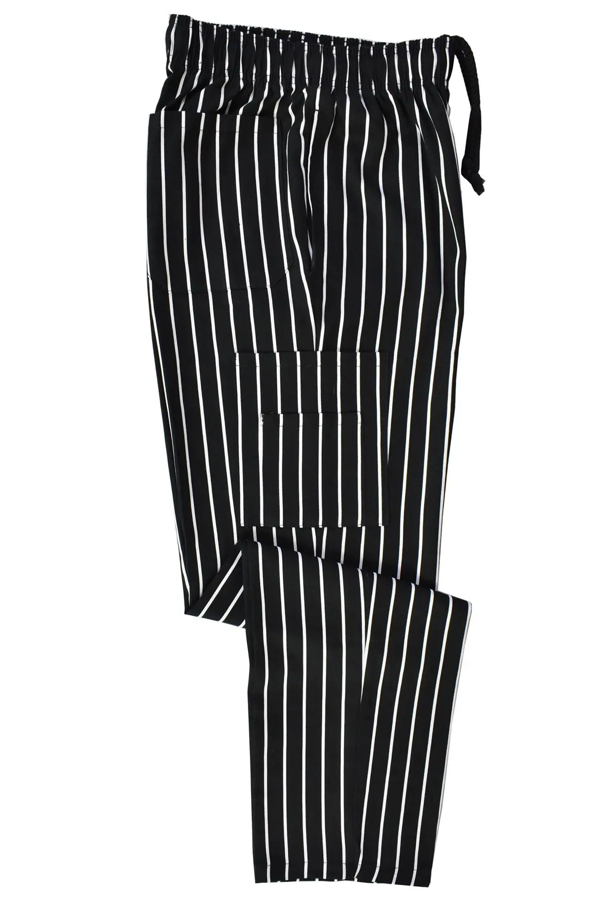 Wholesale black and white pinstriped joggers with drawstring waist and tapered ankles