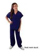 Wholesale children's two-piece scrub set in true navy blue with v-neck top and drawstring pants
