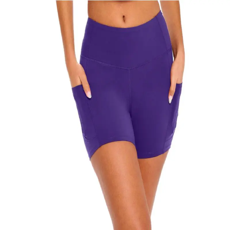 Wholesale women's purple bike shorts with pockets and high-waisted design