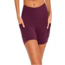 Wholesale women's burgundy bike shorts with side pockets and high waist design