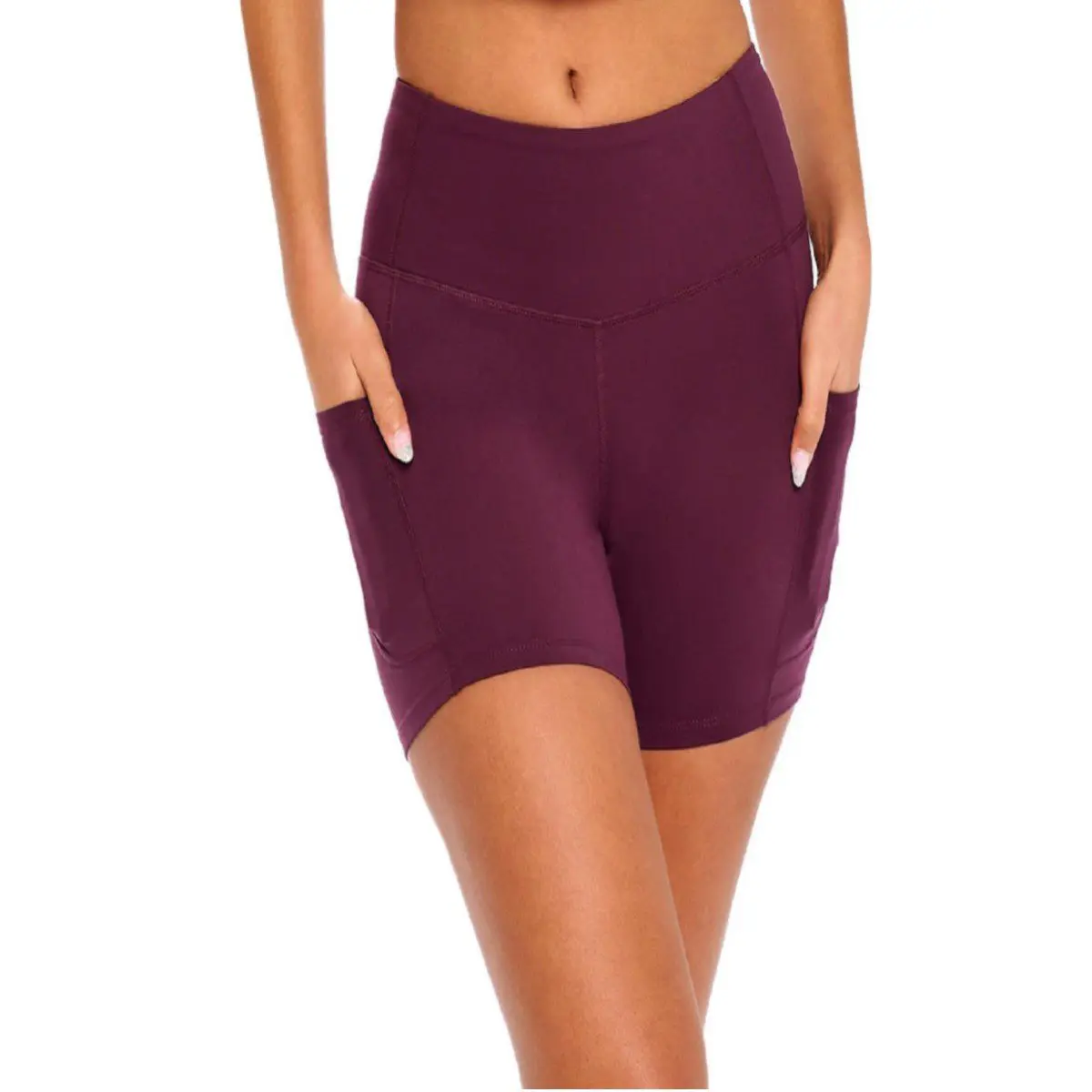 Wholesale women's burgundy bike shorts with side pockets and high waist design