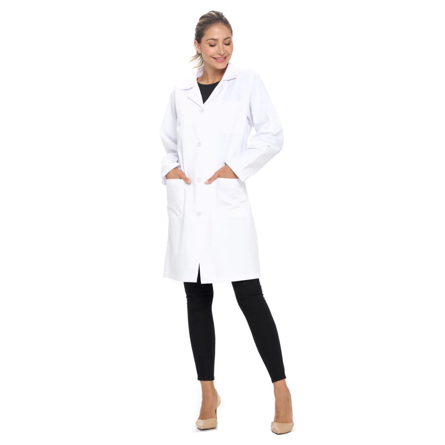 Wholesale women's white lab coat with long sleeves, notch collar, and front pockets worn over black leggings