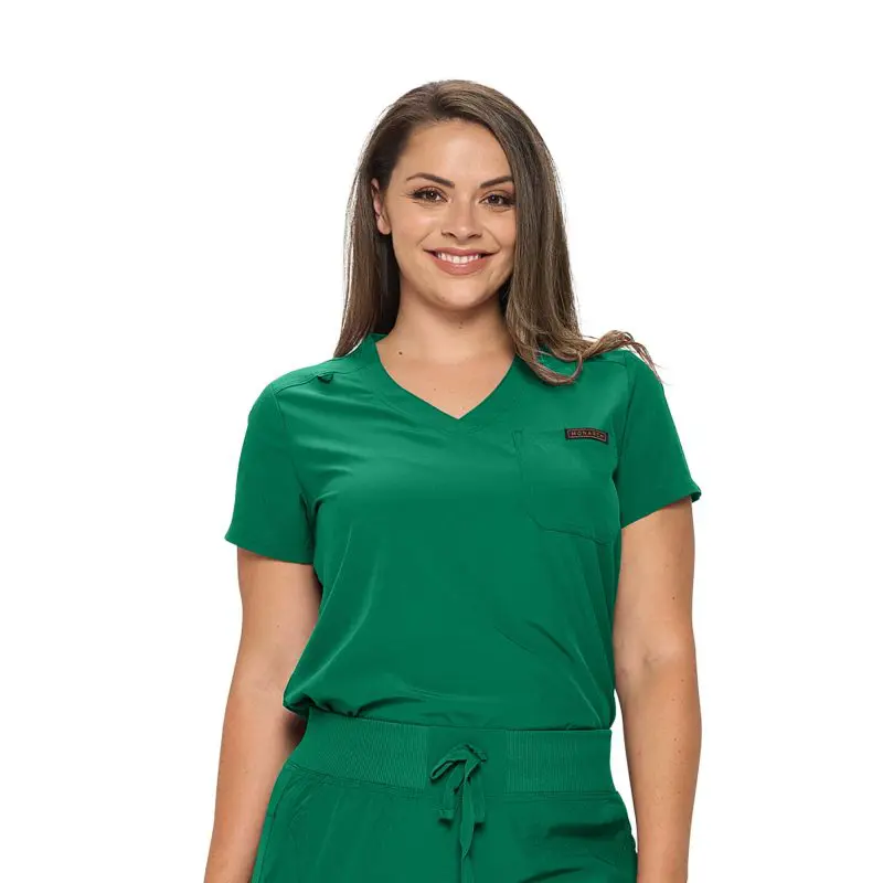 Wholesale women's green v-neck scrub top with short sleeves and front pocket detail
