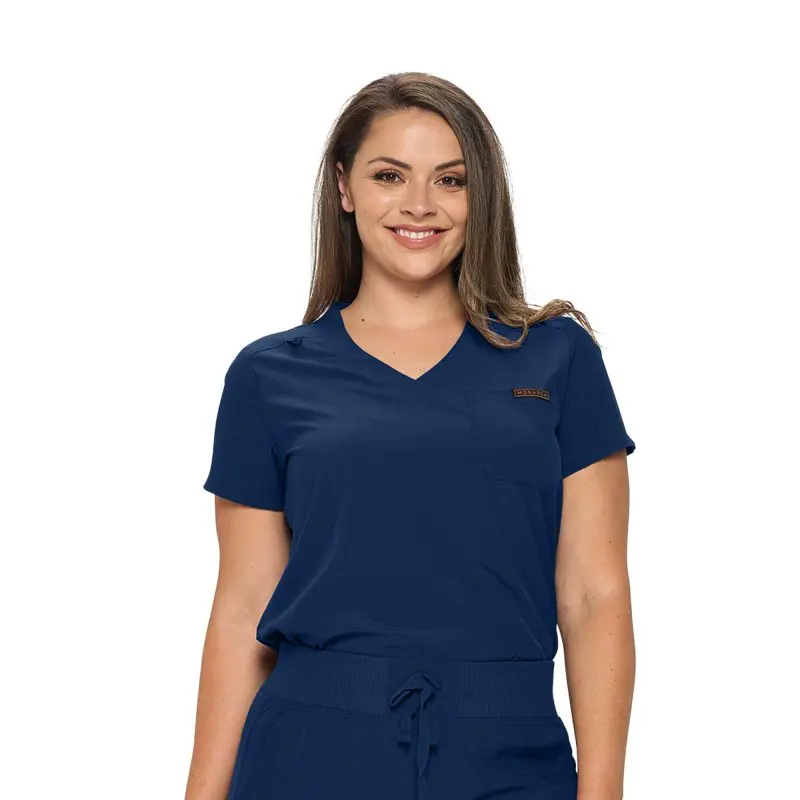 Wholesale women's navy blue v-neck scrub top with short sleeves and chest pocket