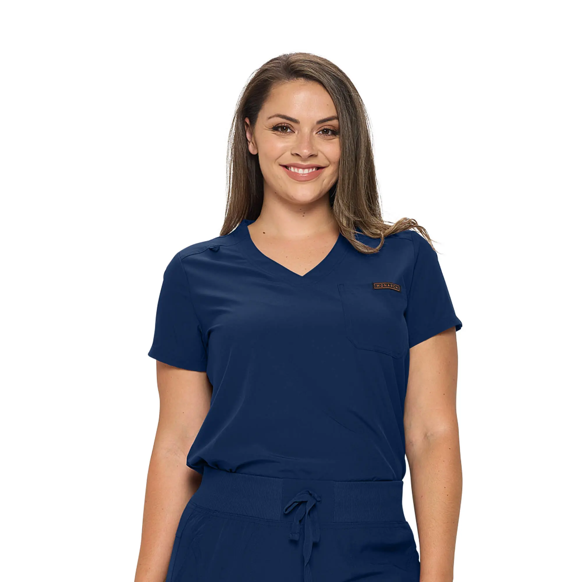 Wholesale women's navy blue v-neck scrub top with short sleeves and chest pocket