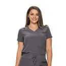 Wholesale women's gray v-neck scrub top with short sleeves and chest pocket