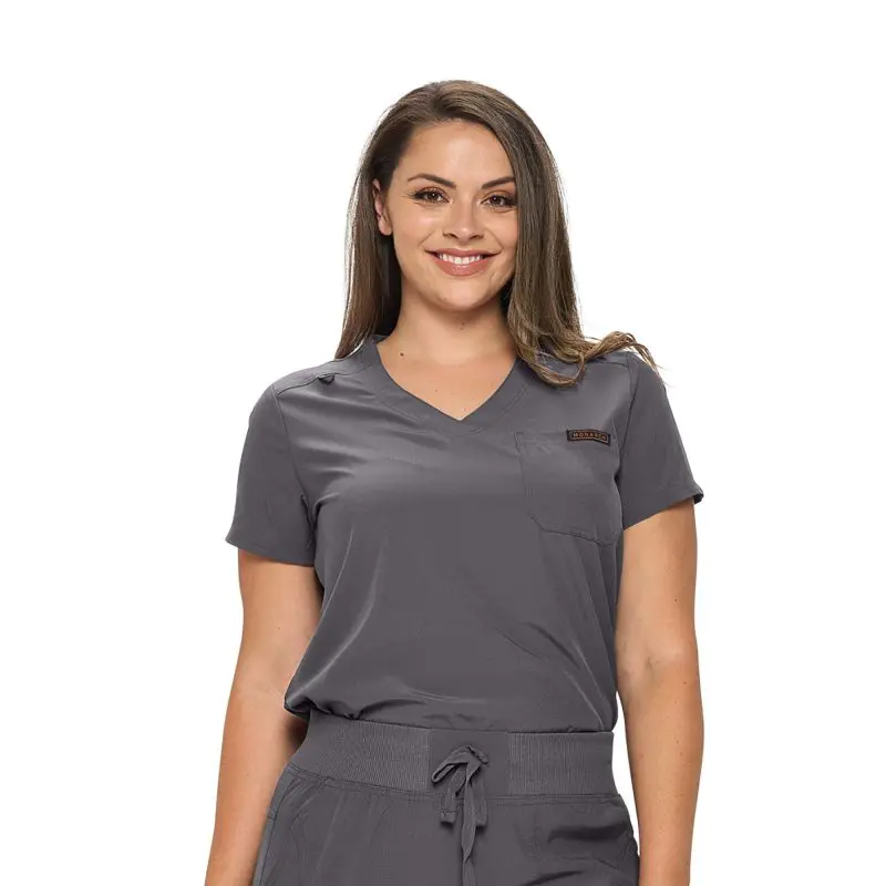 Wholesale women's gray v-neck scrub top with short sleeves and front pocket
