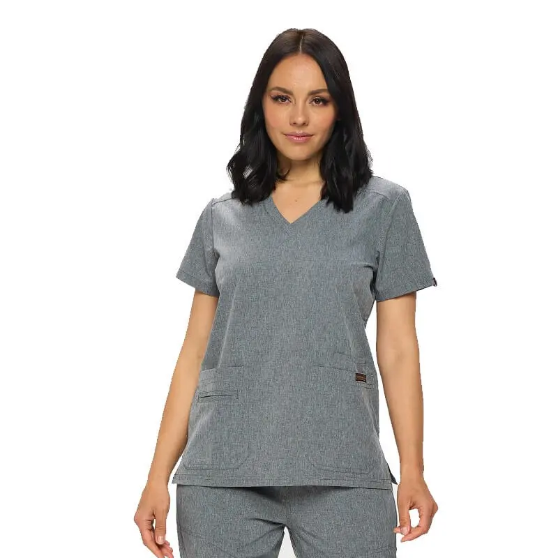 Wholesale women's gray v-neck scrub top with short sleeves and front pockets