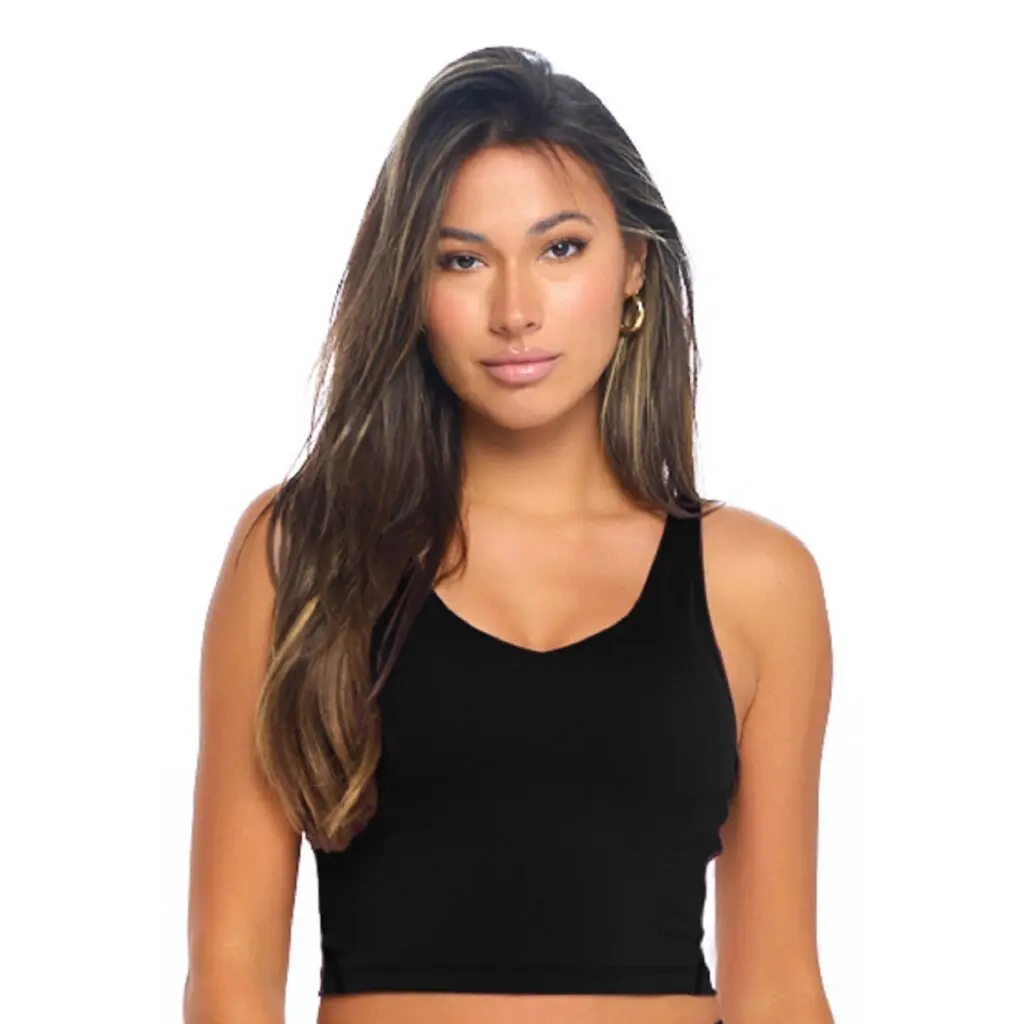Wholesale women's black v-neck sleeveless crop tank top with gold hoop earrings