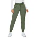 Wholesale women's olive green cargo jogger pants with drawstring waist and side pockets