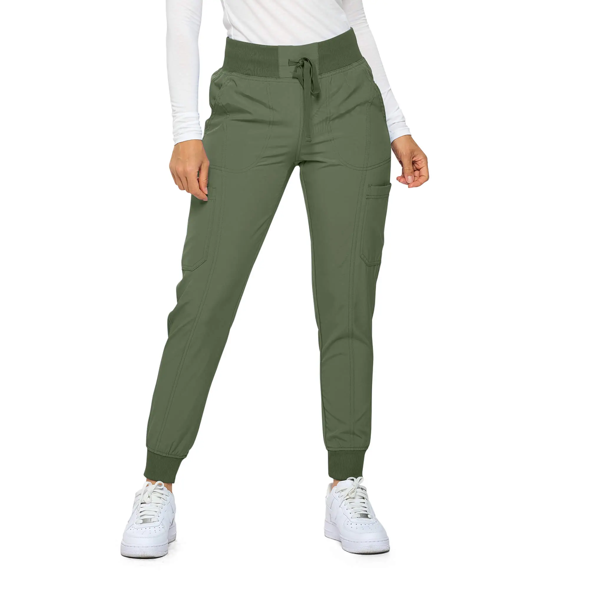 Wholesale women's olive green cargo jogger pants with drawstring waist and side pockets