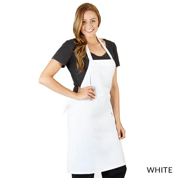 Wholesale women's white apron with black trim and adjustable neck strap