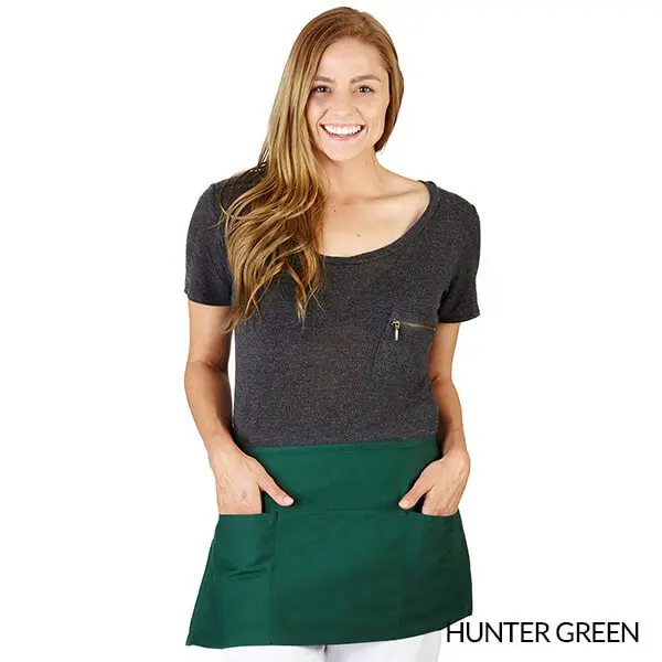 Wholesale women's color-block apron with dark gray top, hunter green skirt, chest pocket and front pockets