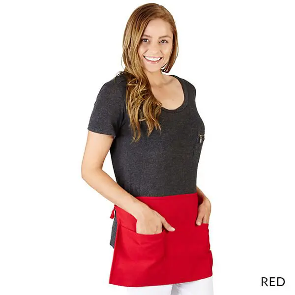 Wholesale women's red apron with pockets and charcoal short-sleeve shirt