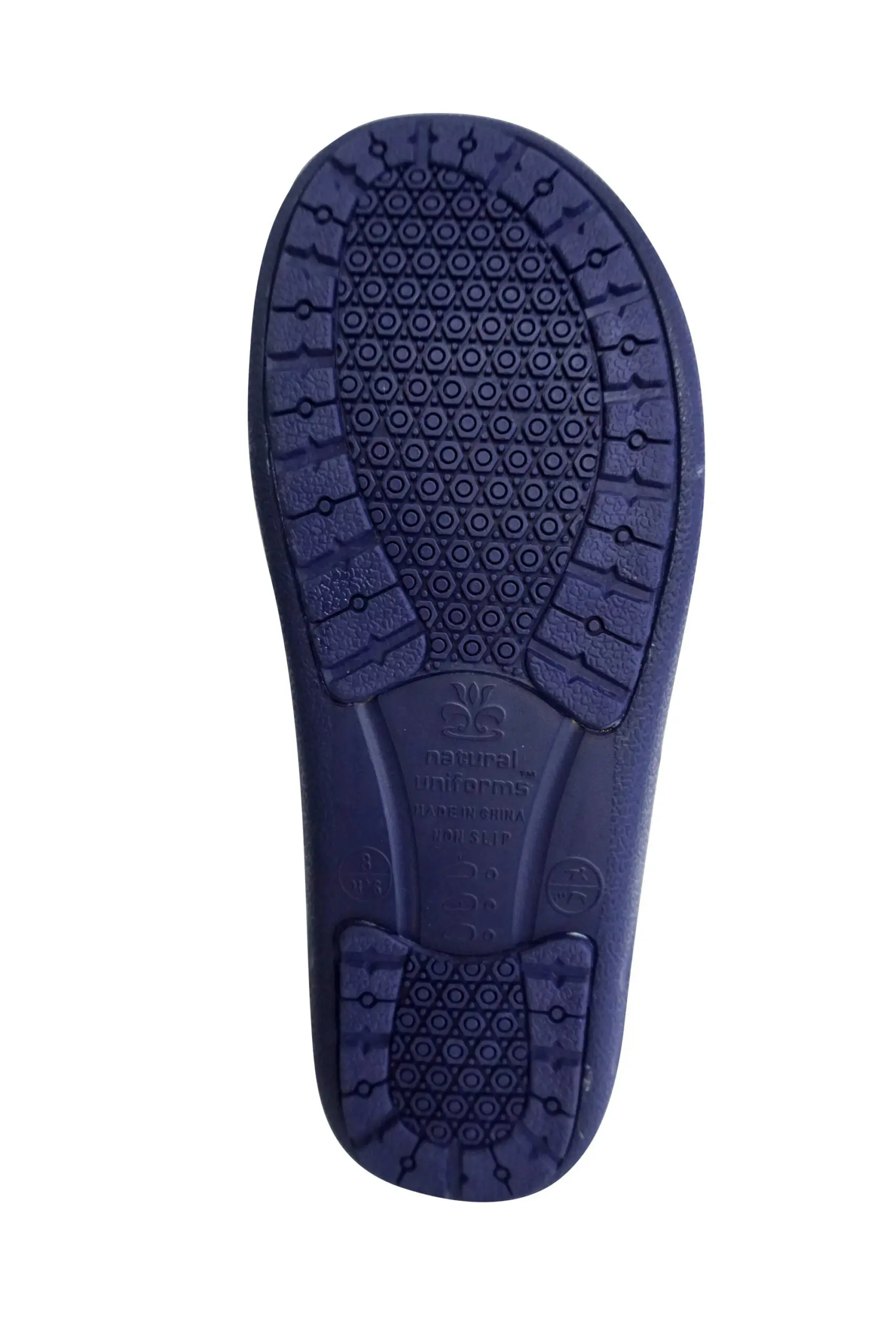 Wholesale navy blue shoe sole with hexagonal tread pattern and natural uniforms branding