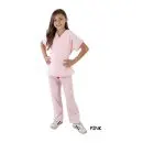 Wholesale pink women's scrub set with v-neck top and drawstring pants