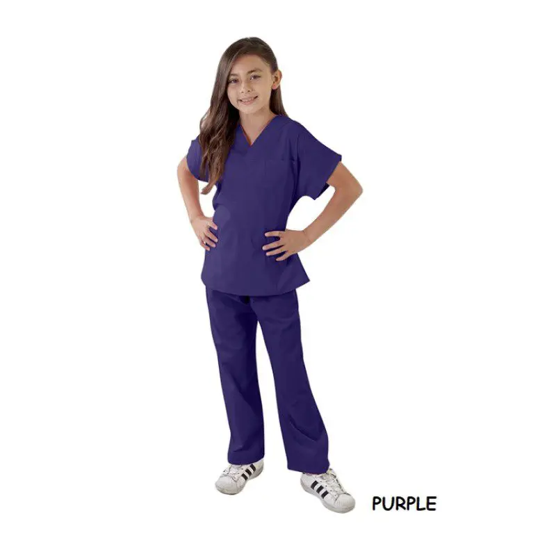 Wholesale women's purple v-neck scrub top and pants set with short sleeves