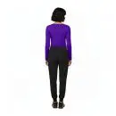 Wholesale women's purple long-sleeve crop top and black jogger pants set, rear view