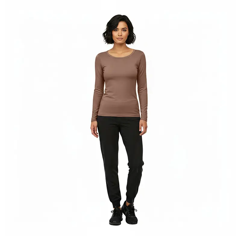 Wholesale women's taupe long-sleeve crewneck top and black jogger pants outfit