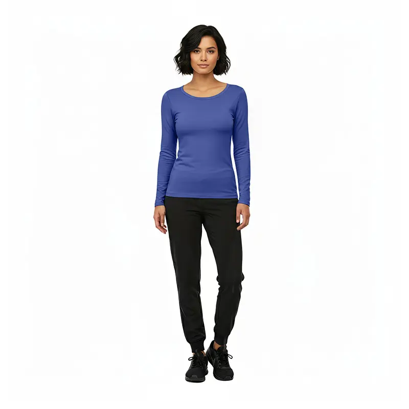 Wholesale women's blue long-sleeve crew neck top with black jogger pants and black lace-up shoes