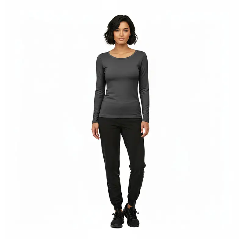 Wholesale women's charcoal long-sleeve fitted top and black jogger pants set
